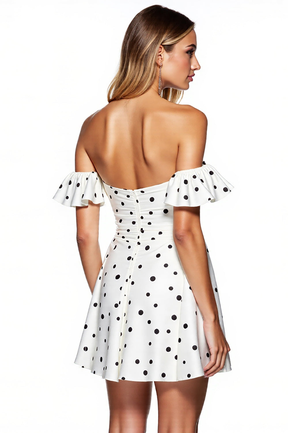 White and Black Ruffled Strapless Short Polka Dot Dress with Sleeves