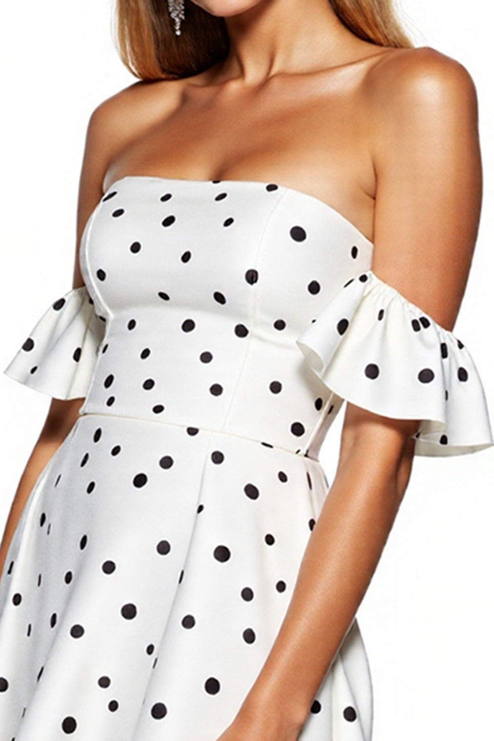 White and Black Ruffled Strapless Short Polka Dot Dress with Sleeves