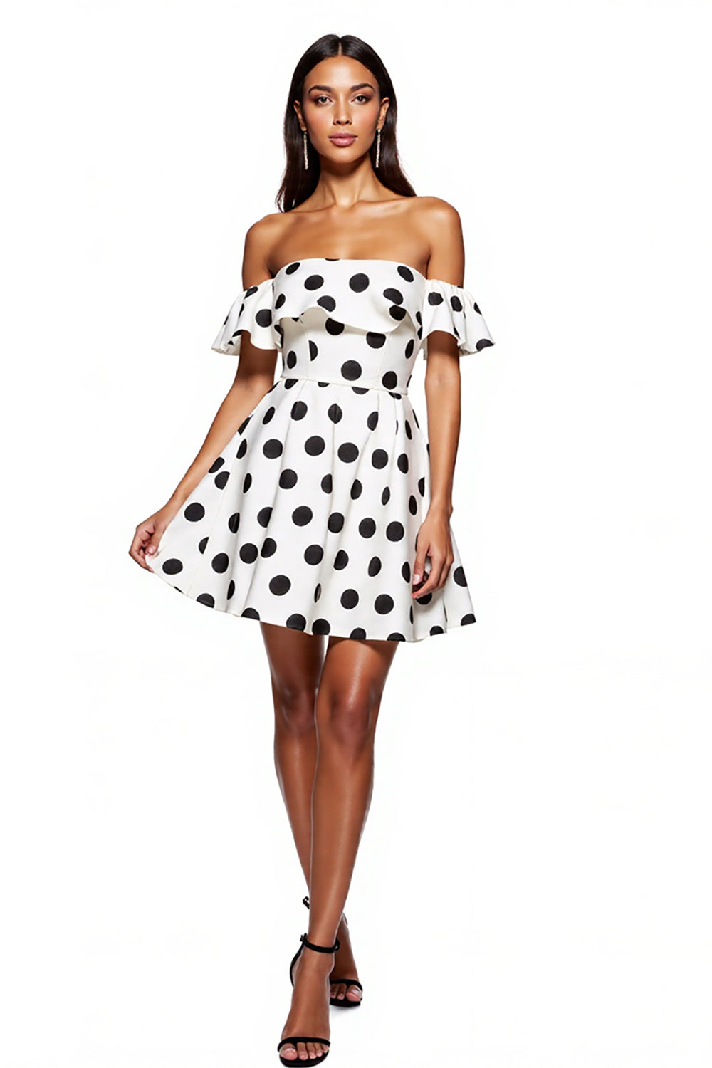 White and Black Off the Shoulder Short A Line Polka Dot Dress with Ruffles