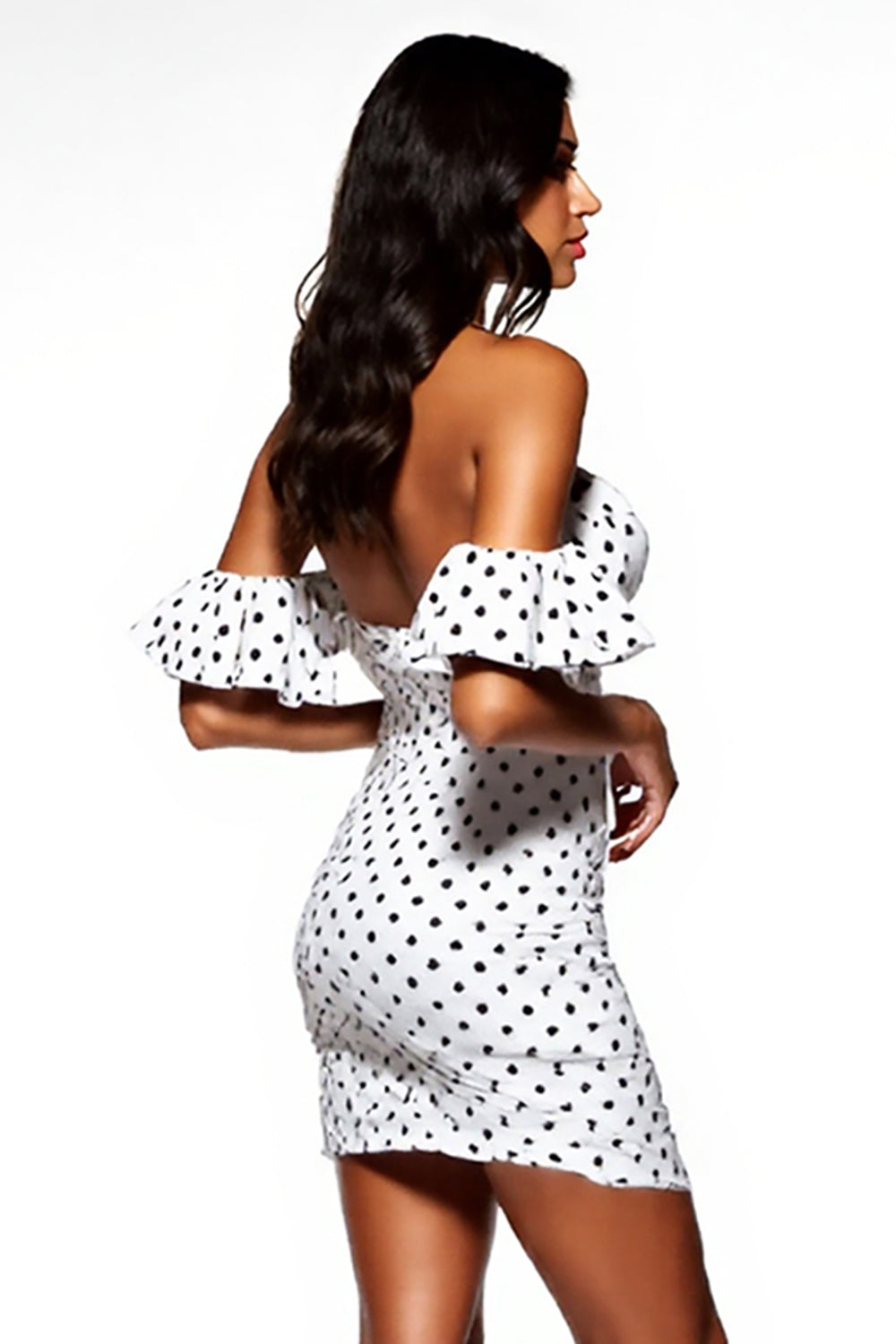 White and Black Ruffled Tight Short Polka Dot Dress with Sleeves