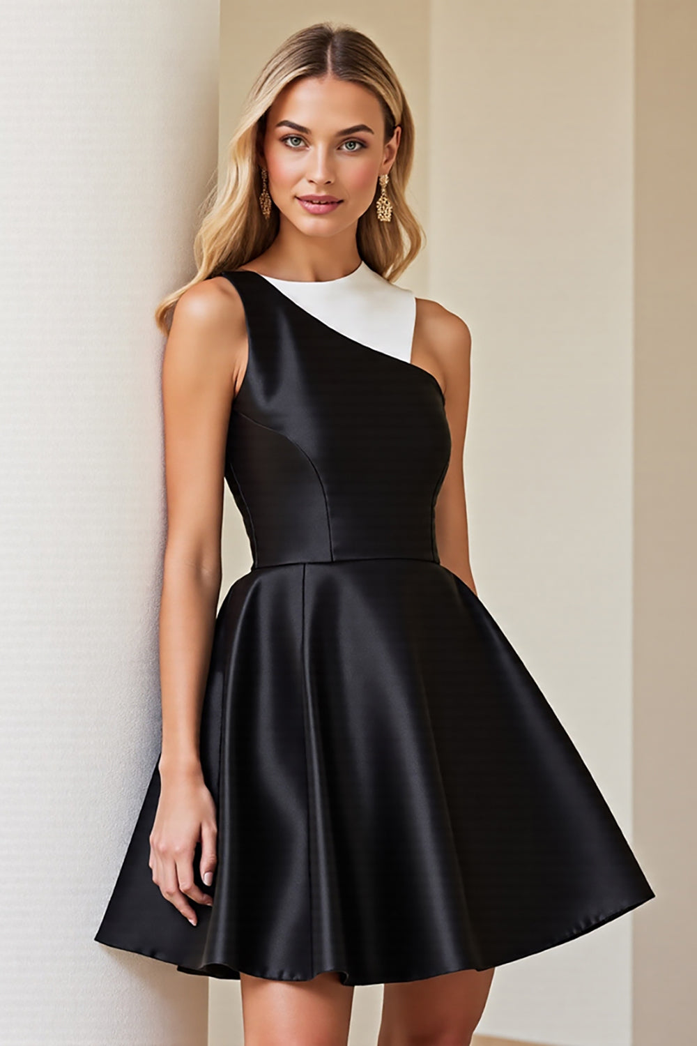 Simple Black and White Patchwork Satin A Line Short Cocktail Dress