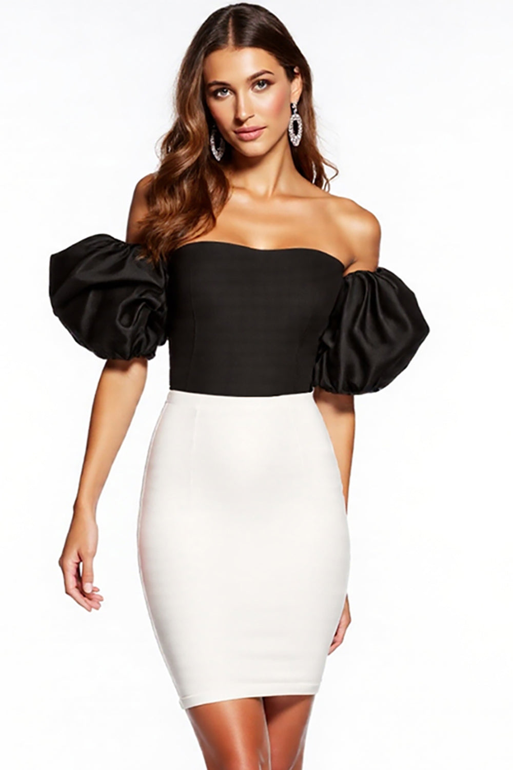 Black and White Patchwork Strapless Puff Sleeves Short Tight Cocktail Dress