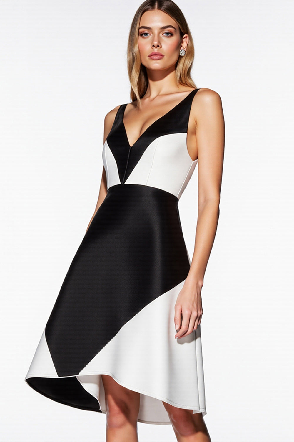 Black and White Patchwork V-Neck Short A Line Cocktail Dress