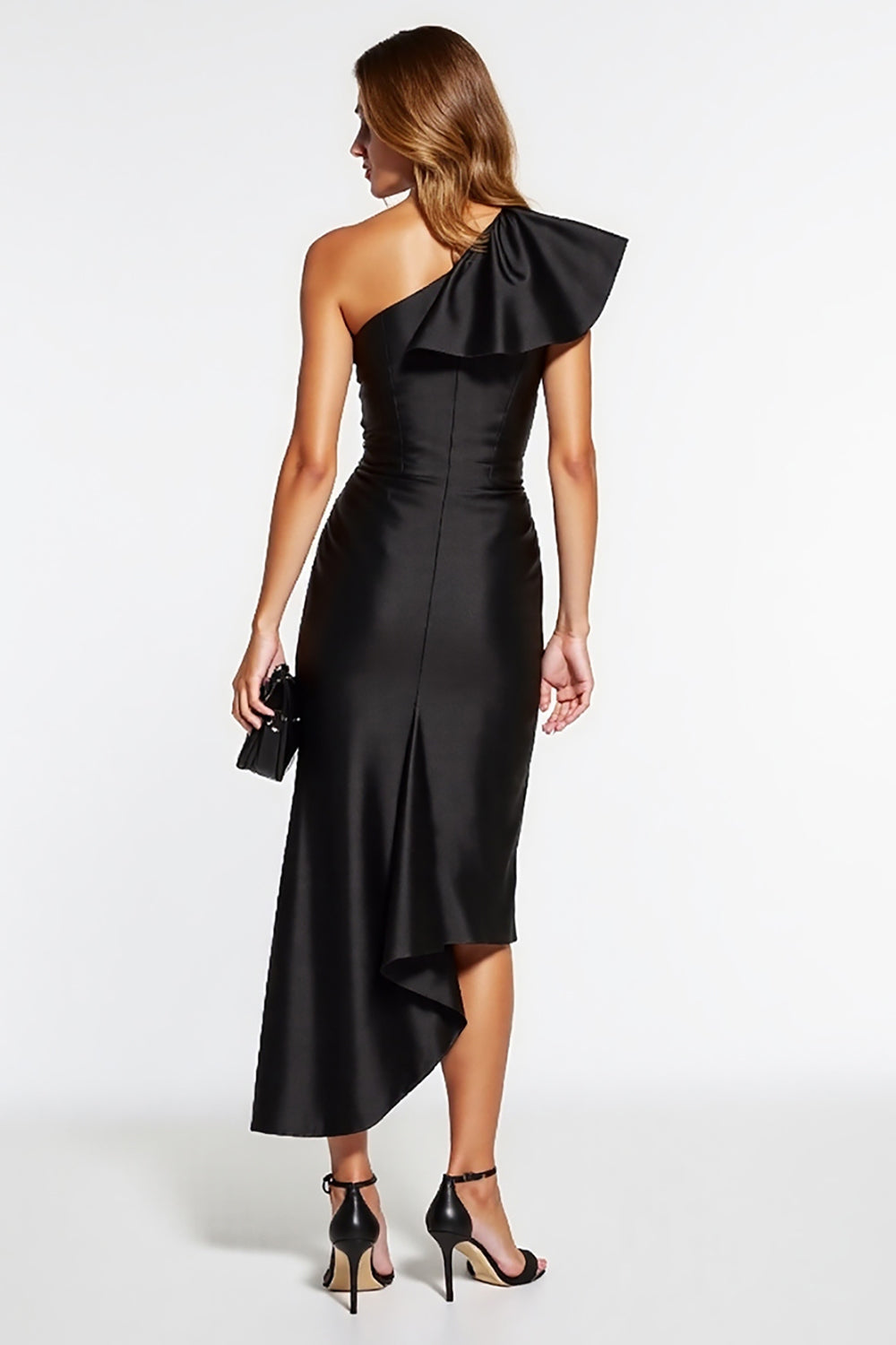 Black Satin One Shoulder Tight Midi Cocktail Dress with Ruffles