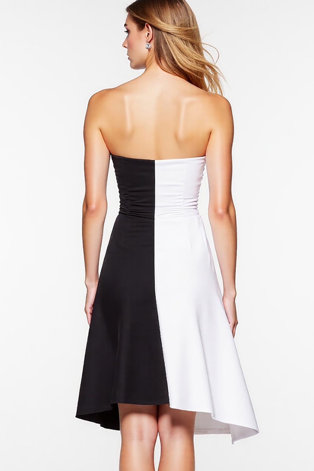 Black and White Patchwork Strapless Short Graduation Dress with Slit