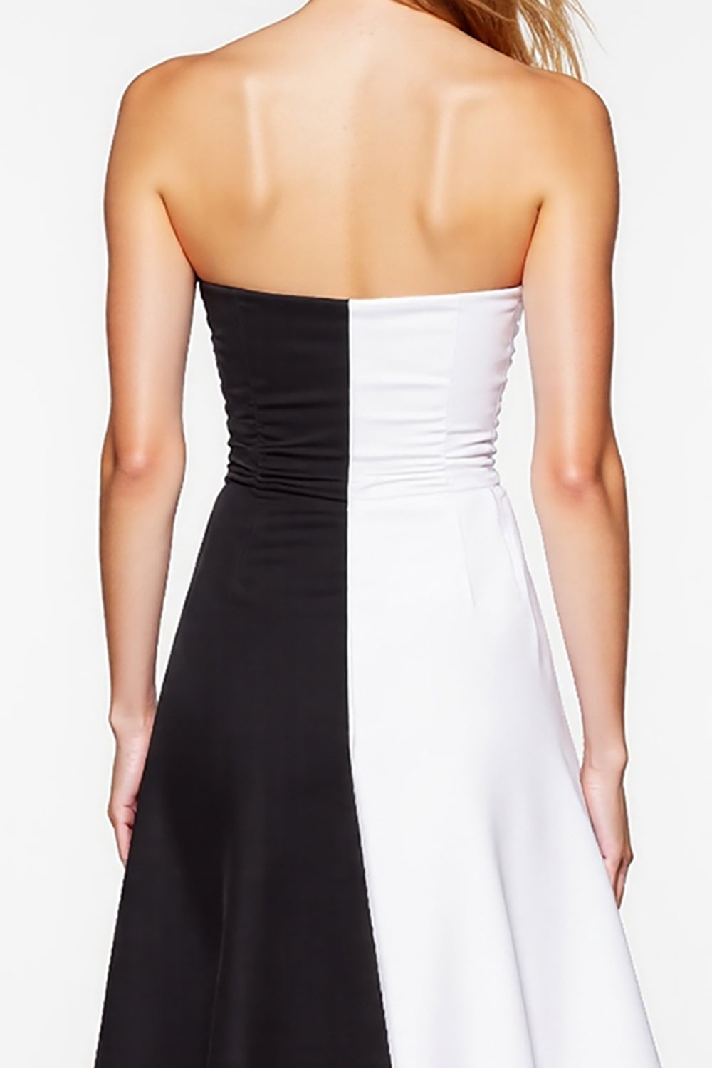 Black and White Patchwork Strapless Short Graduation Dress with Slit