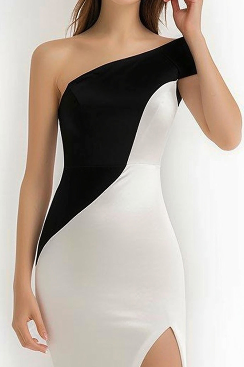 Black and White Patchwork One Shoulder Short Graduation Dress with Slit