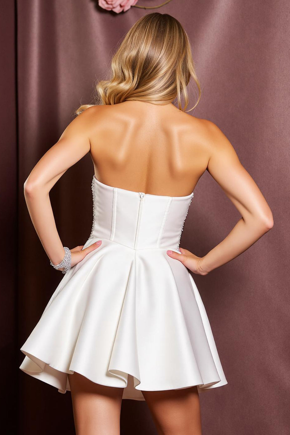 Sparkly White Strapless Satin Short Homecoming Dress with Beading