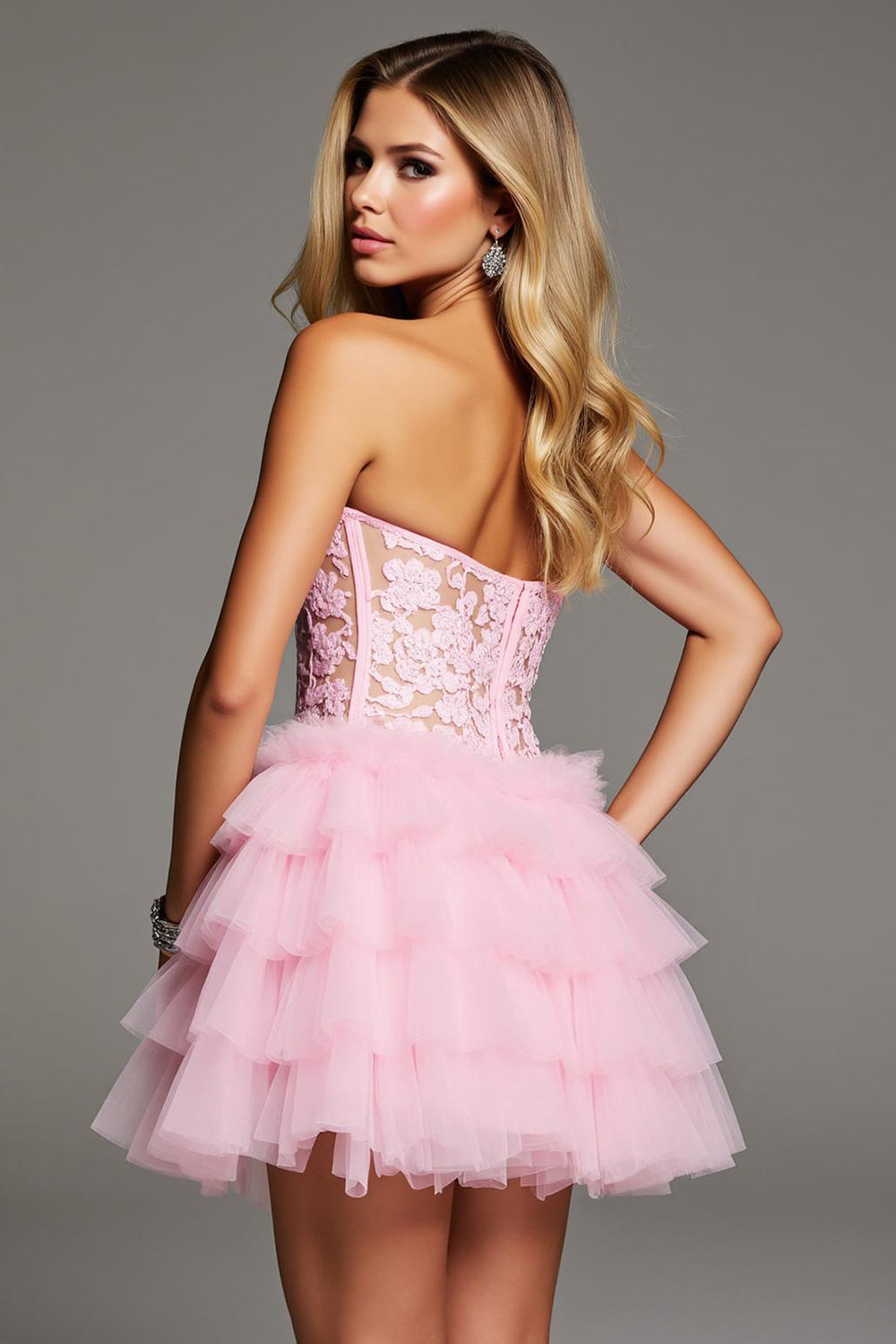 Pink Ruffled Sweetheart Short Corset Homecoming Dress with Lace