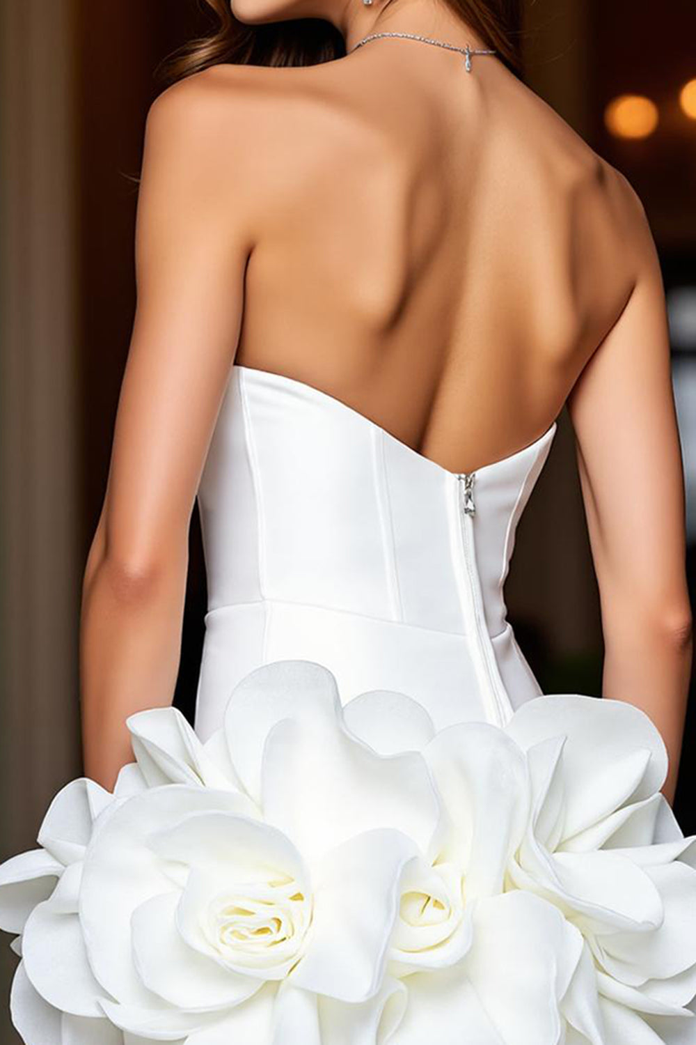 White Floral Strapless Tight Satin Short Homecoming Dress