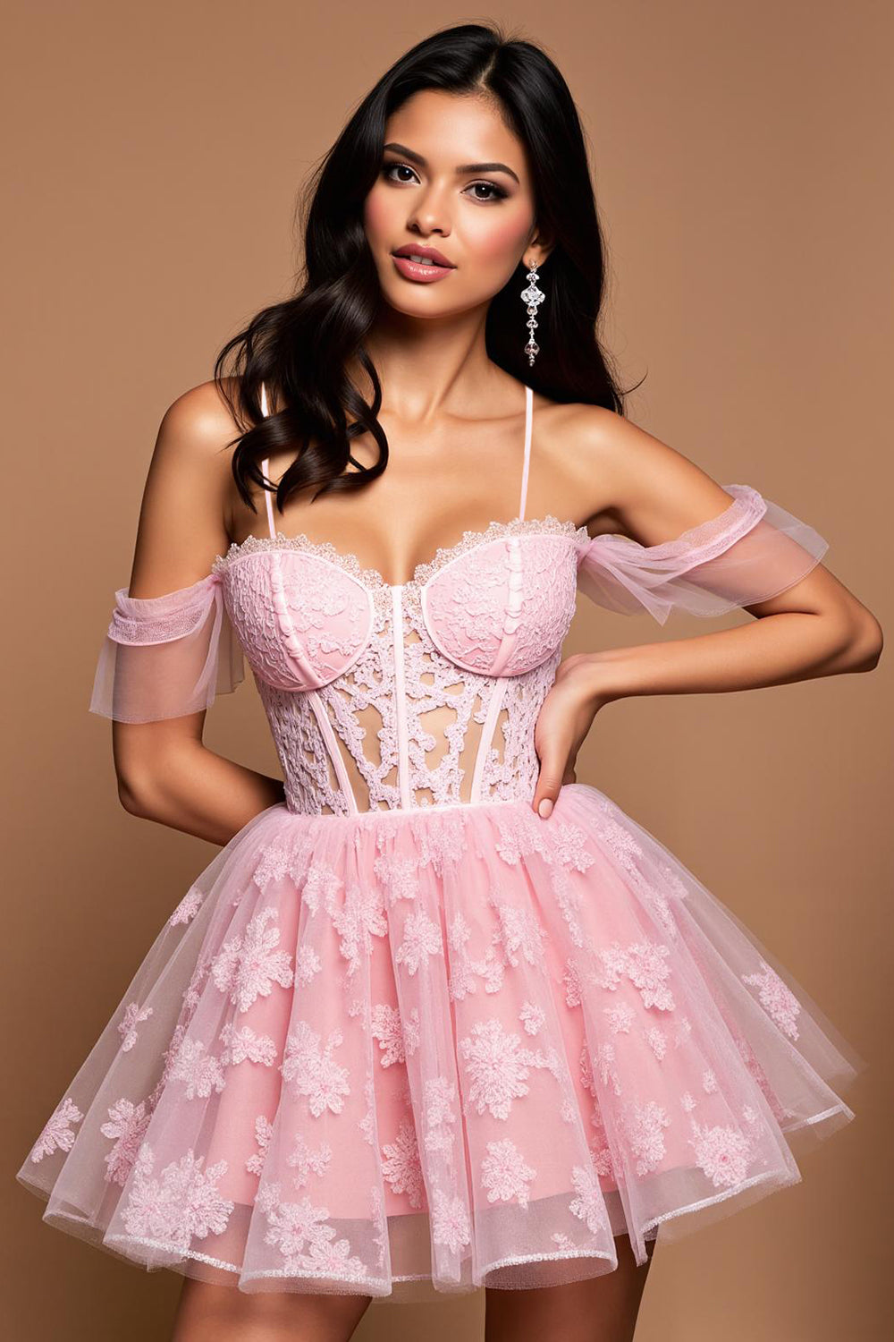 Lace Pink Cold Shoulder A Line Short Corset Homecoming Dress