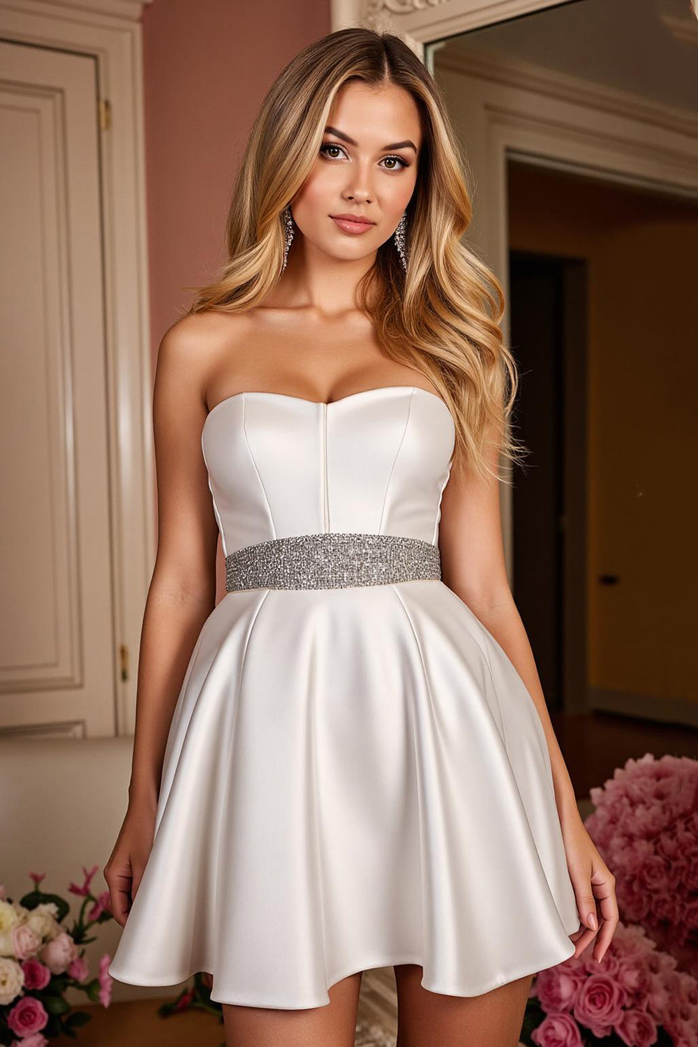 Sparkly White A Line Satin Strapless Short Corset Homecoming Dress with Beading