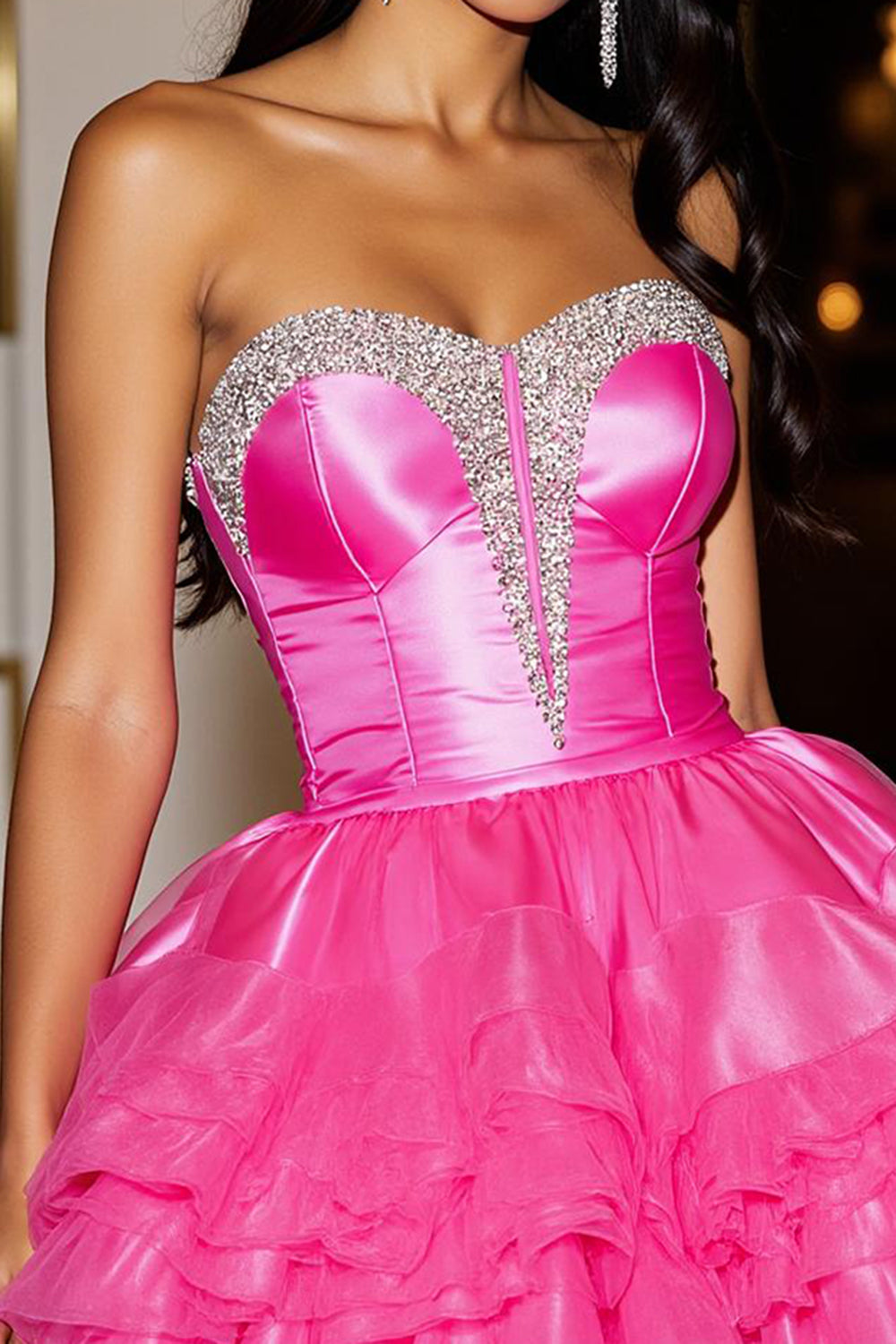 Sparkly Fuchsia Organza Beaded Short Corset Homecoming Dress with Ruffles