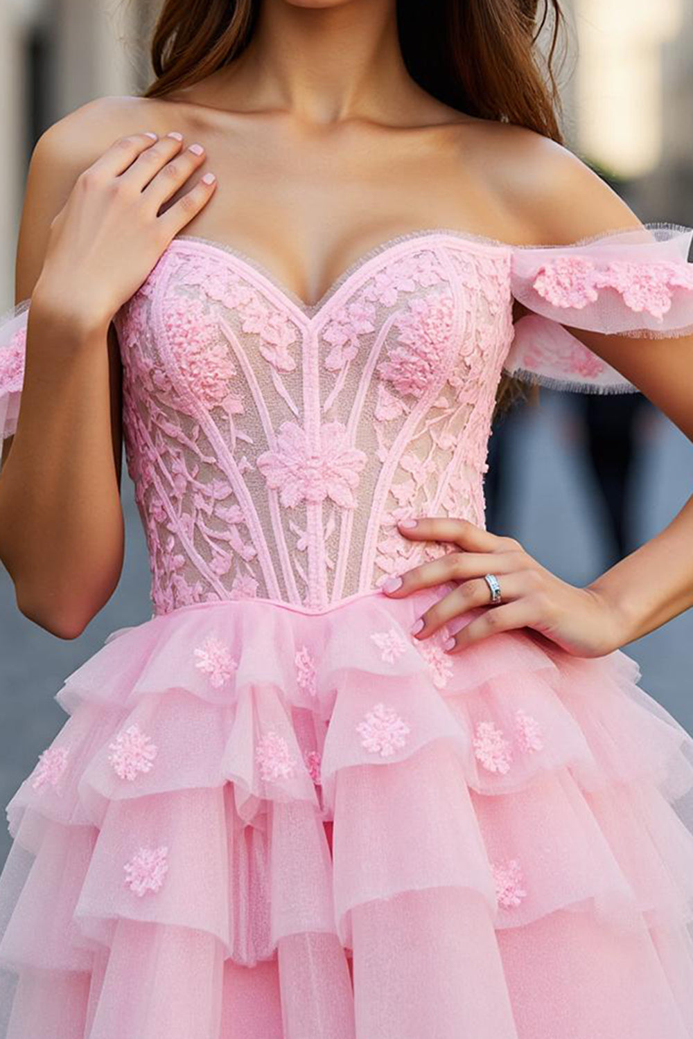 Pink Floral Tiered Tulle A Line Short Corset Homecoming Dress with Appliques