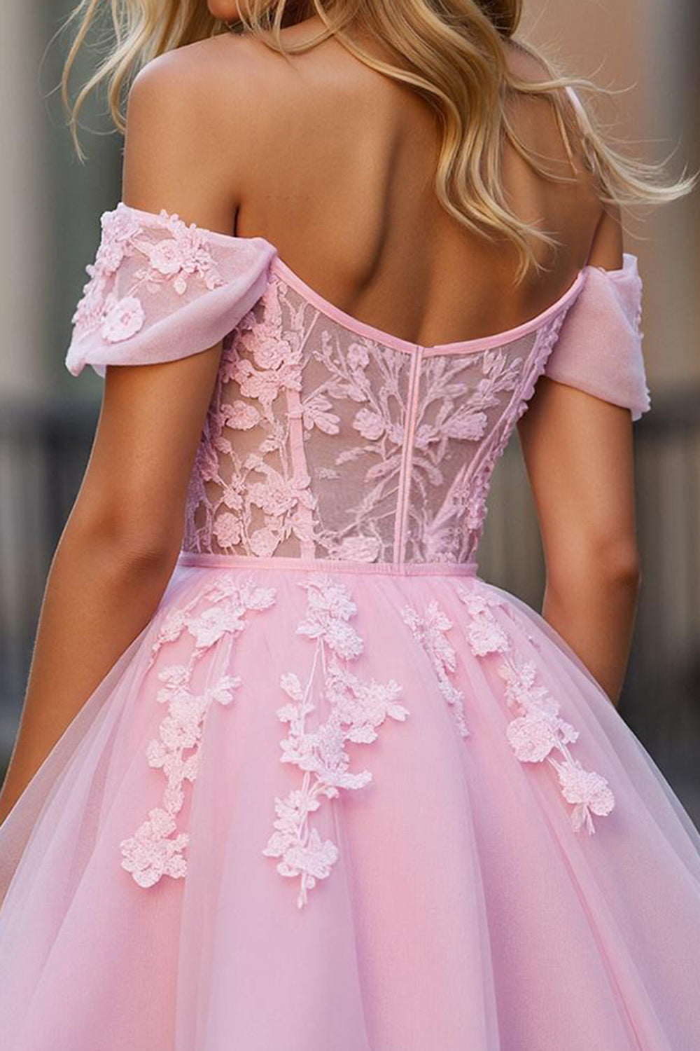 Floral Pink Off the Shoulder Tulle Short Corset Homecoming Dress