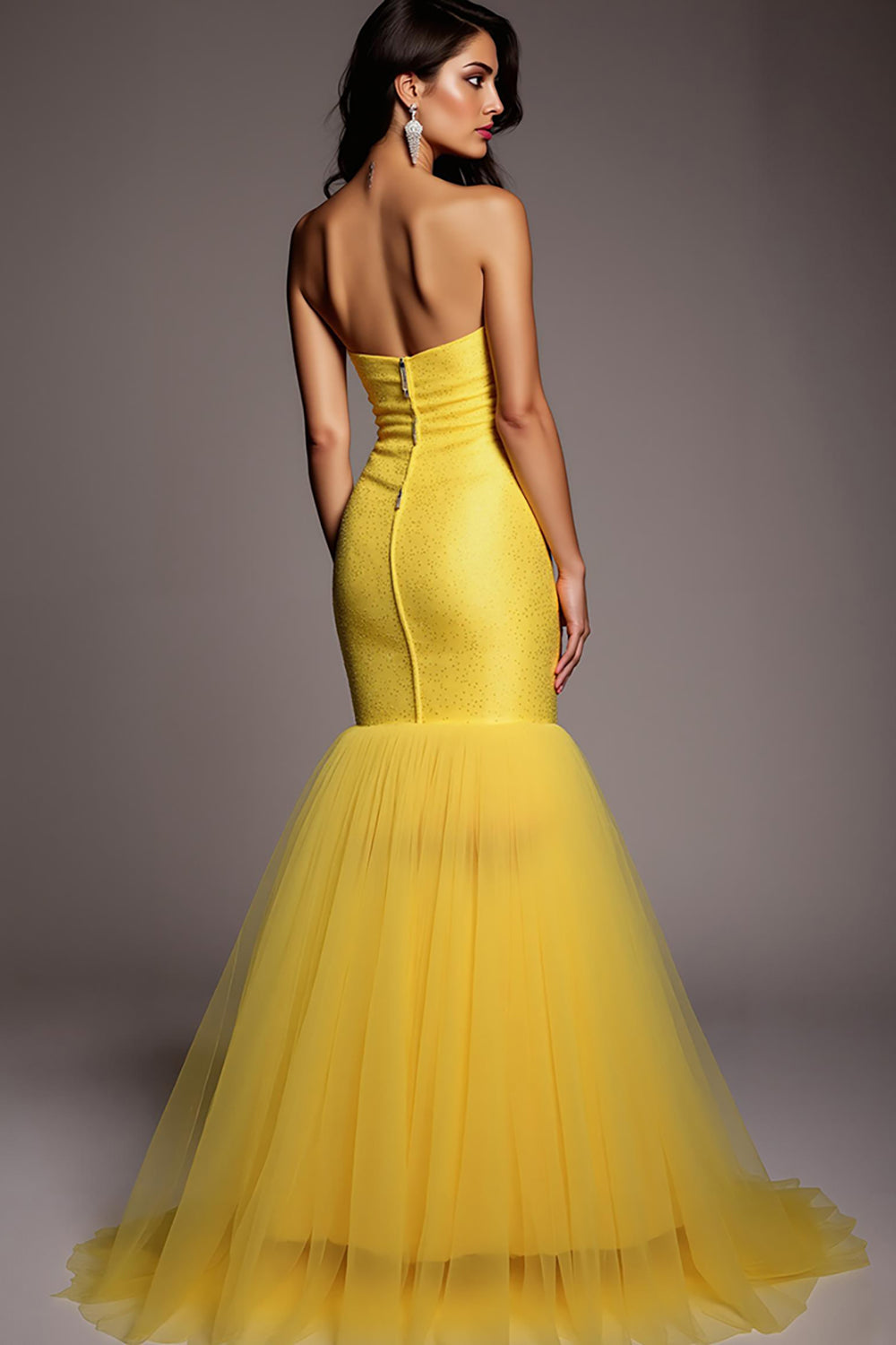 Sparkly Yellow Mermaid Strapless Long Prom Dress with Beading