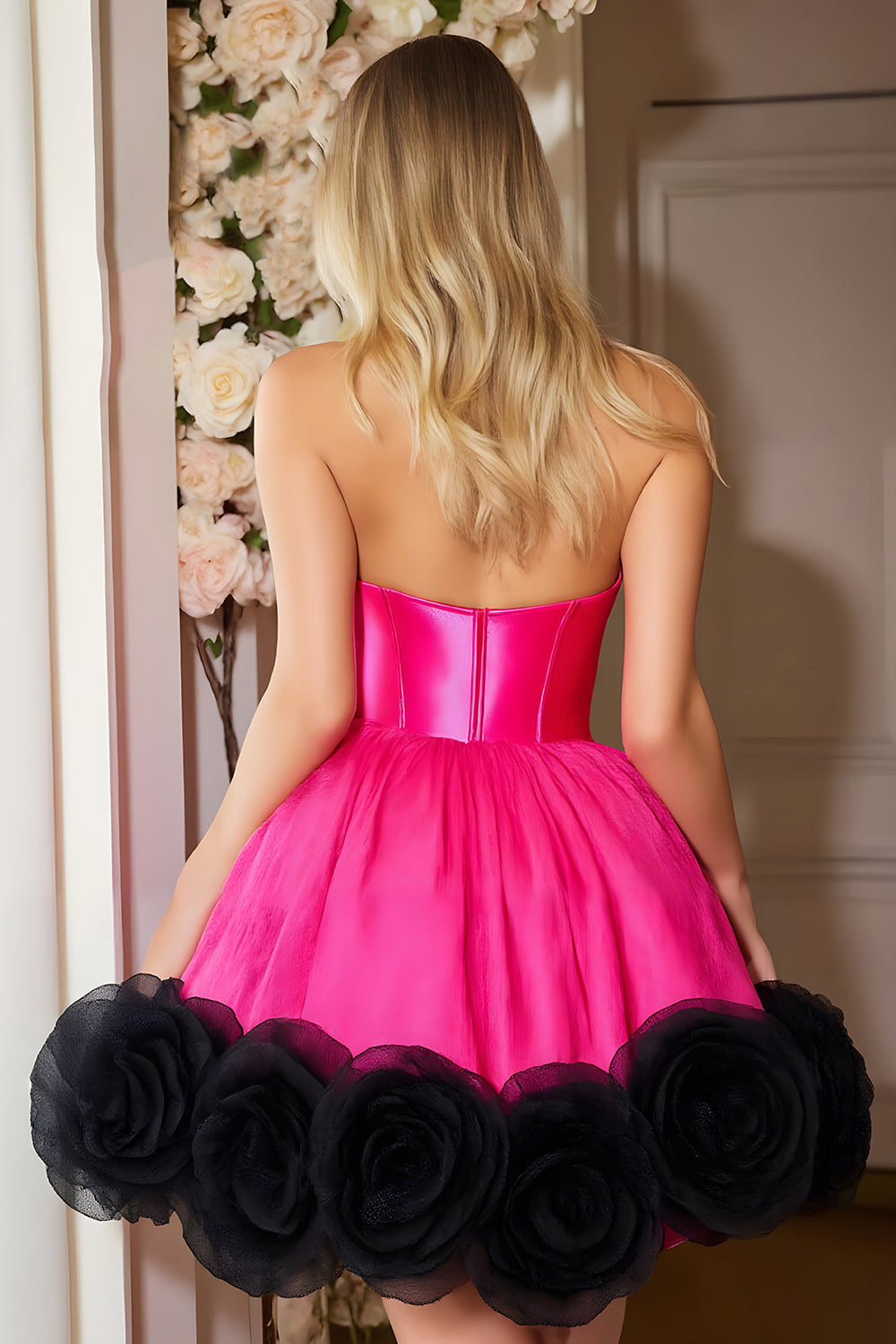 Fuchsia Halter Satin A Line Corset Short Homecoming Dress with Ruffles
