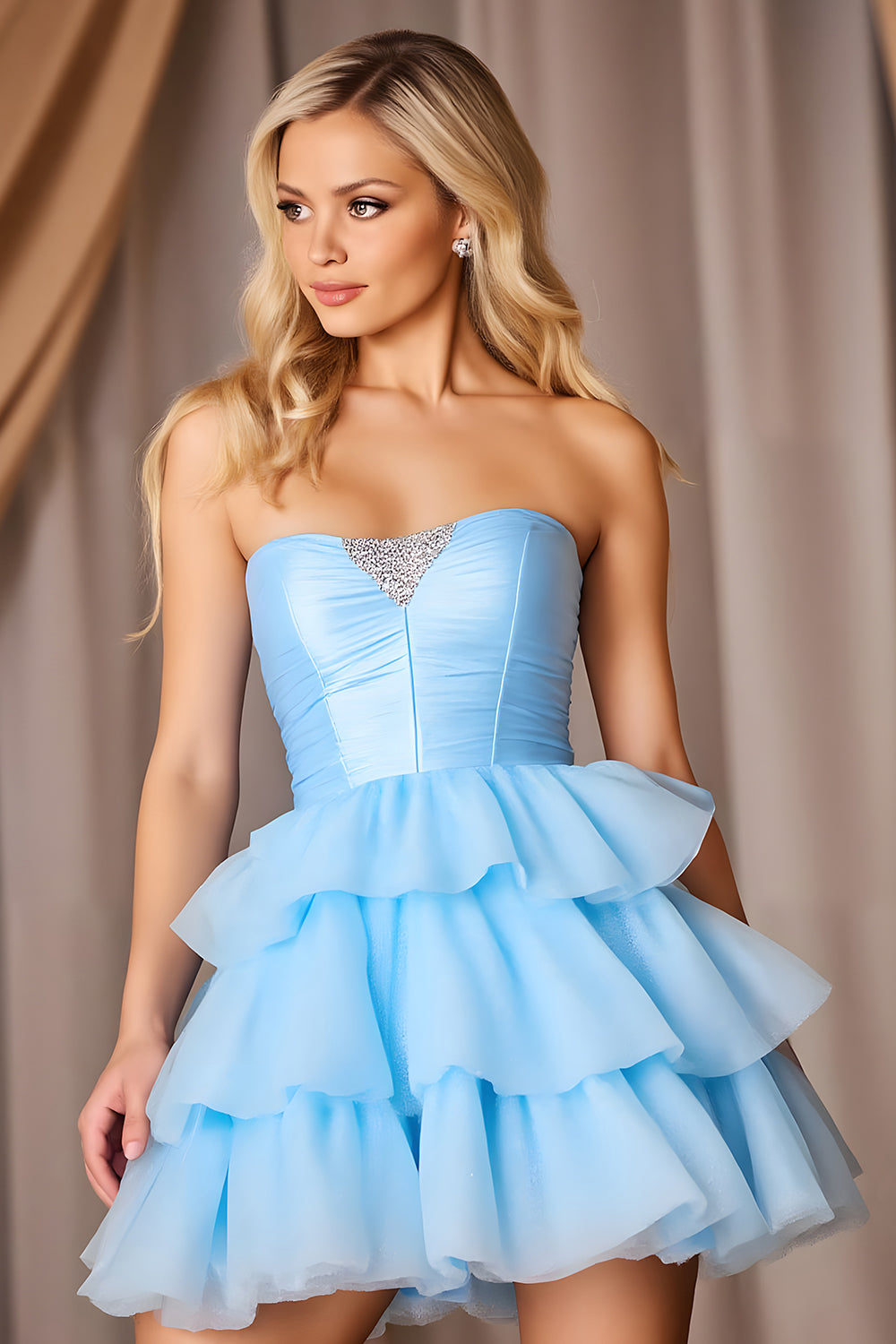 Sparkly Blue Strapless Beaded Tiered Short Homecoming Dress with Bow