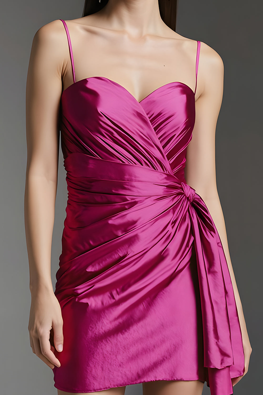 Fuchsia Spaghetti Straps Tight Short Homecoming Dress with Side Cape