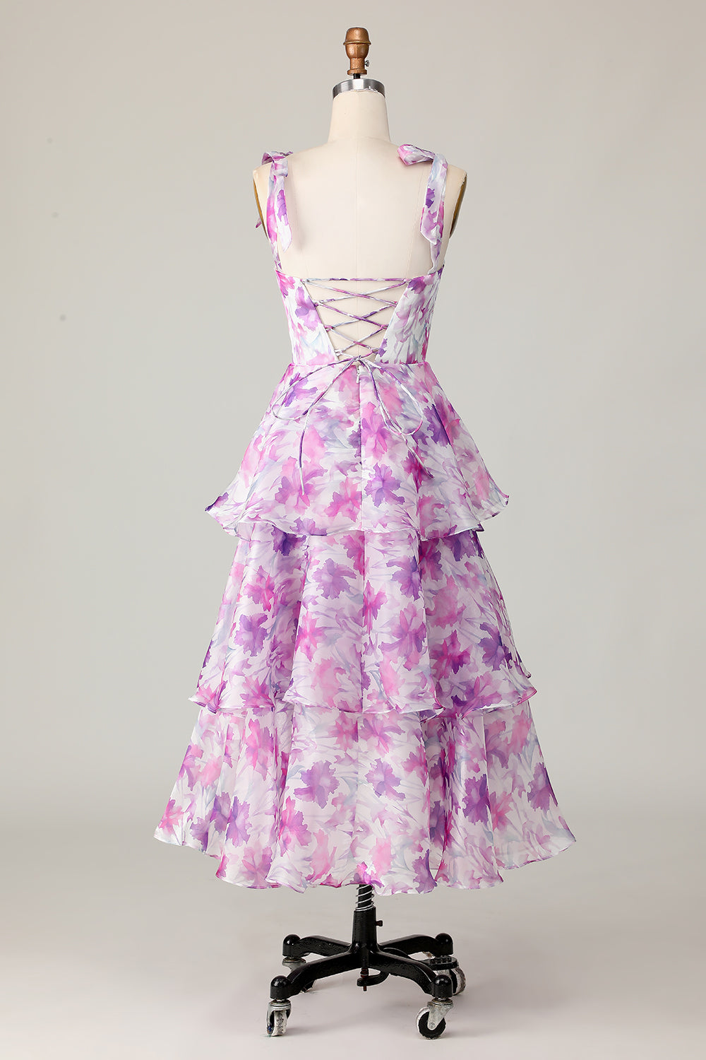 Purple Floral A Line Tiered Midi Wedding Guest Dress with Ruffles