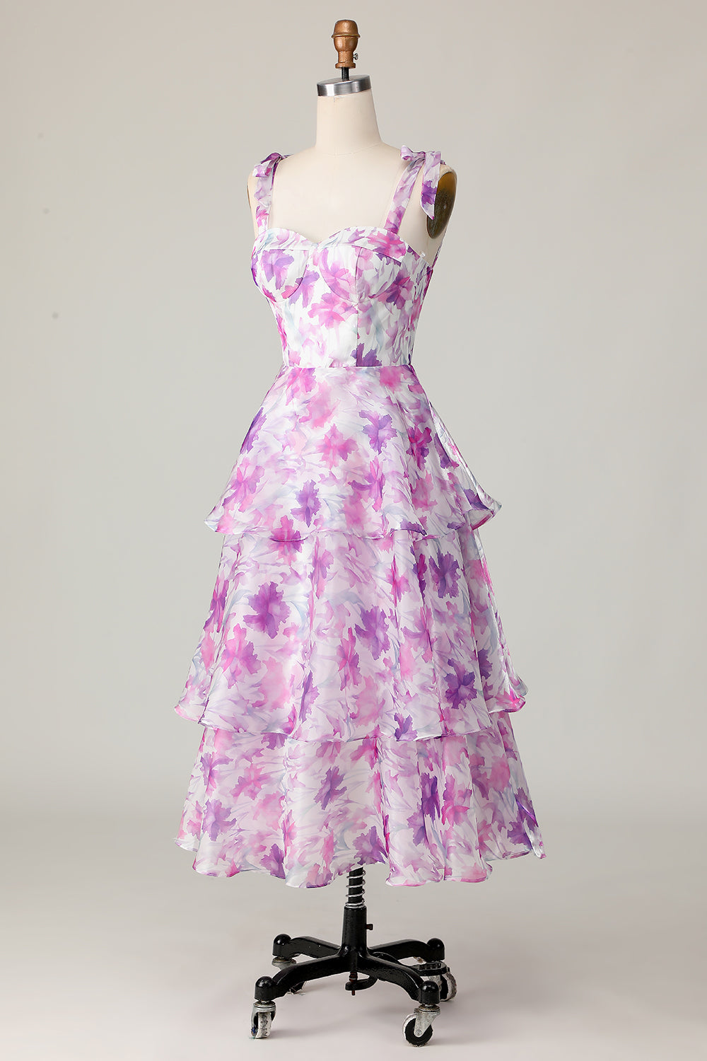 Purple Floral A Line Tiered Midi Wedding Guest Dress with Ruffles