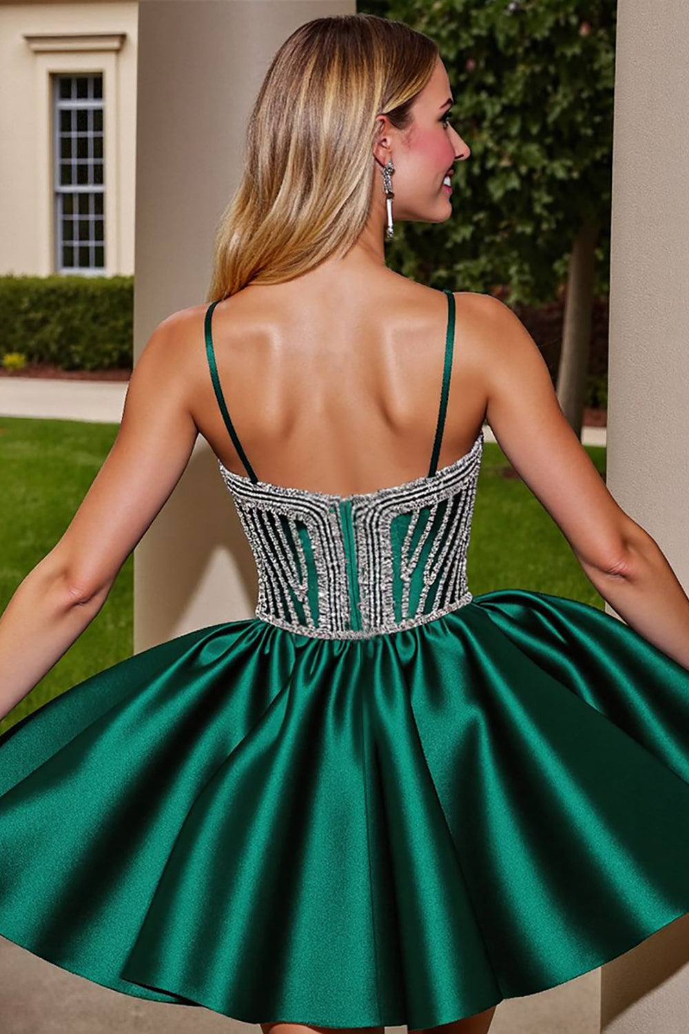Sparkly Dark Green Satin Short Homecoming Dress with Beading