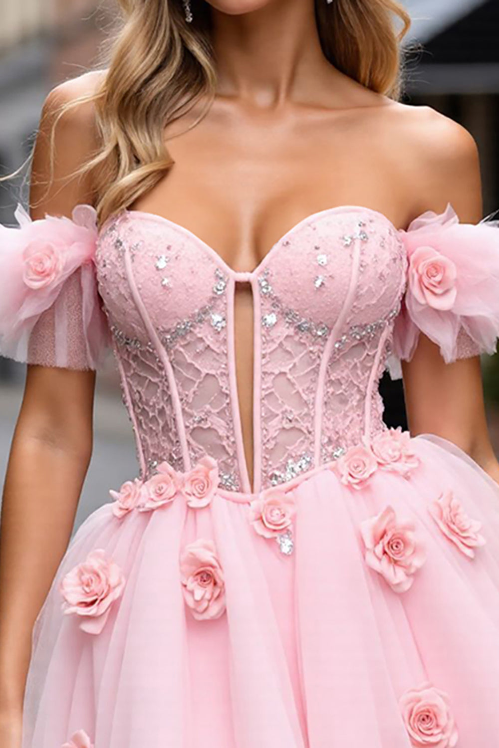 Blush Floral Corset Short Homecoming Dress with Lace