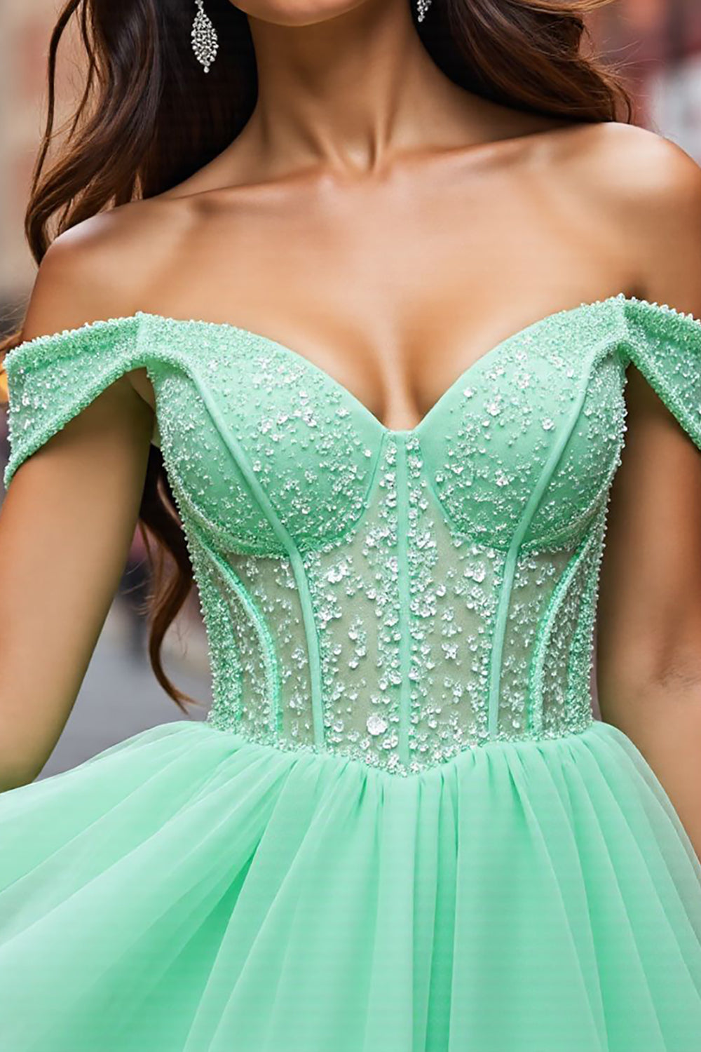 Sparkly Mint Green Corset Tulle Beaded Short Homecoming Dress