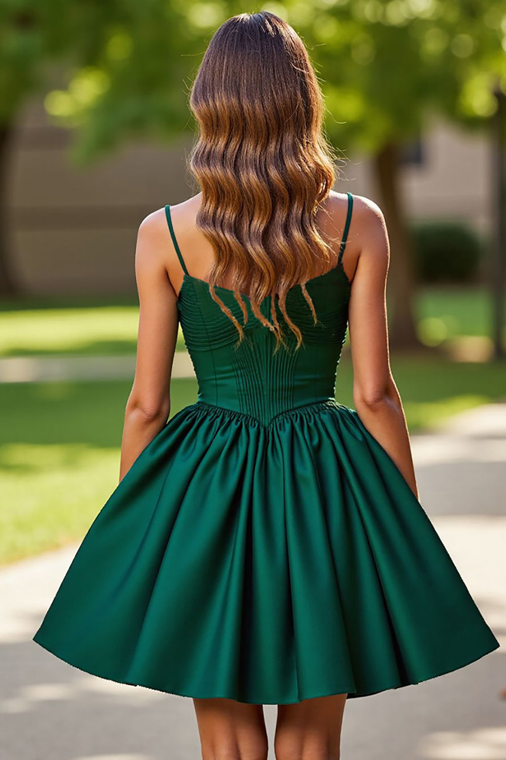 Sparkly Dark Green Satin Corset Short Homecoming Dress with Rhinestones