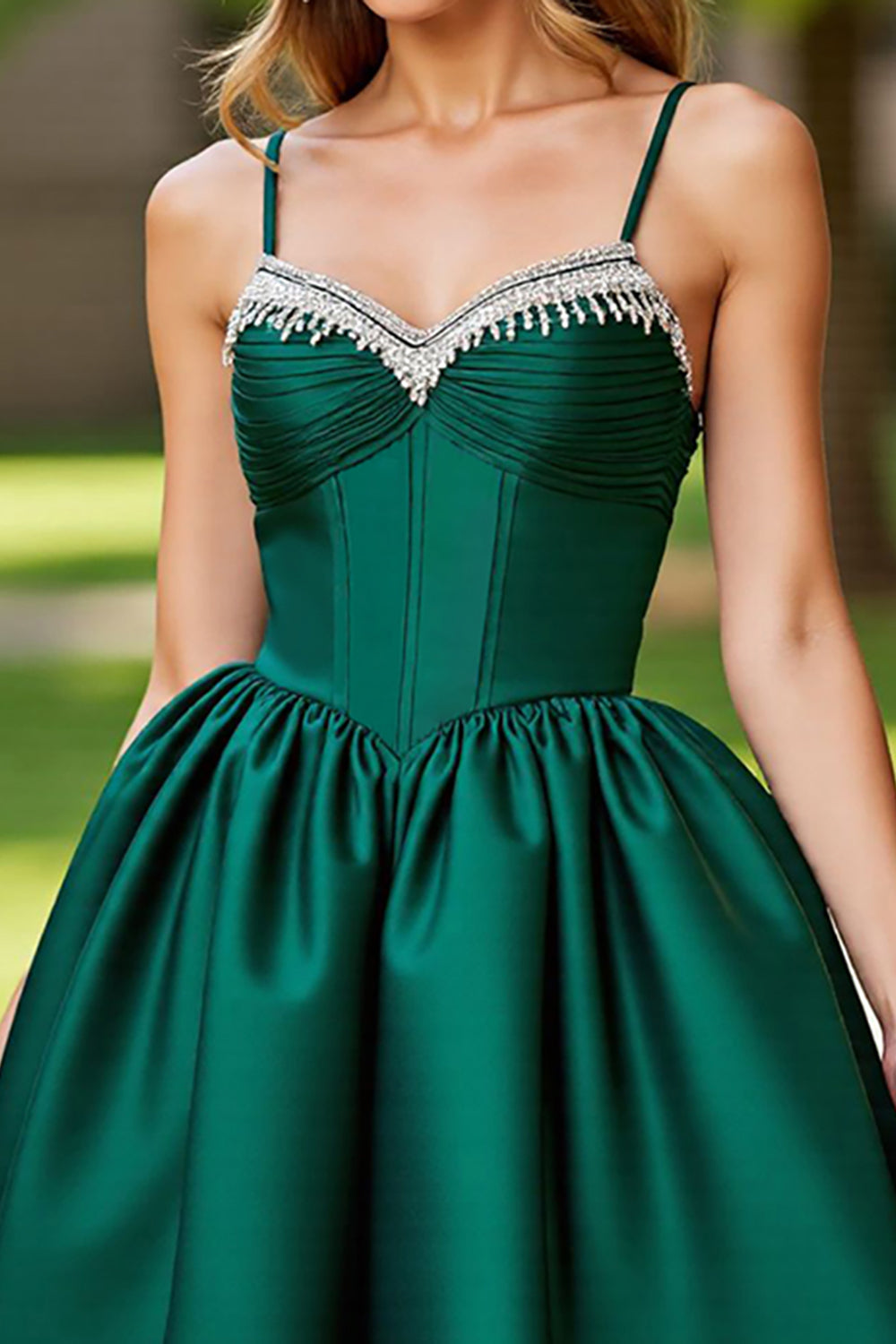 Sparkly Dark Green Satin Corset Short Homecoming Dress with Rhinestones