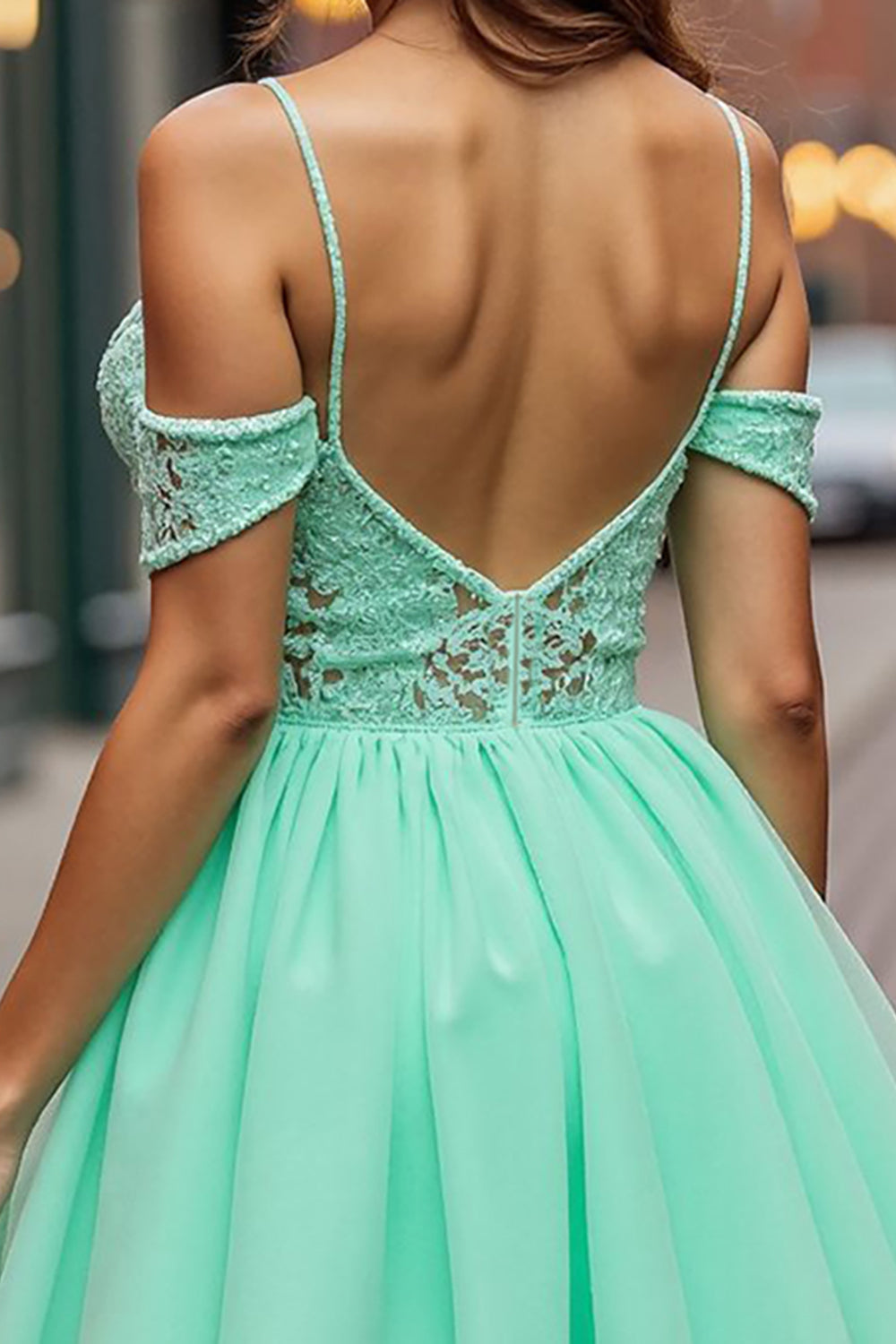 Mint Green Tulle Cold Shoulder Short Homecoming Dress with Lace