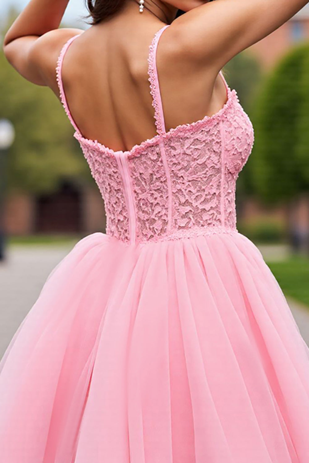 Blush Corset Tulle Detachable Sleeves Short Homecoming Dress with Lace
