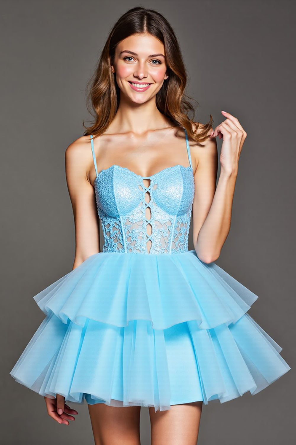 Sky Blue Tulle Corset Short Homecoming Dress with Lace