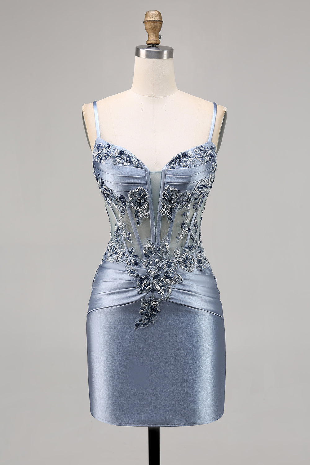Sparkly Grey Blue Satin Tight Short Corset Homecoming Dress with Appliques