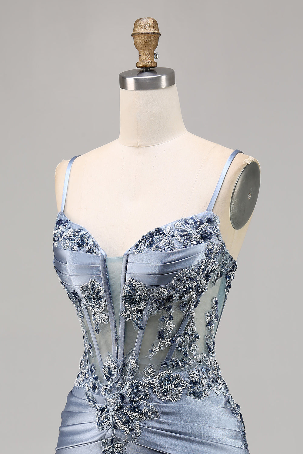 Sparkly Grey Blue Satin Tight Short Corset Homecoming Dress with Appliques
