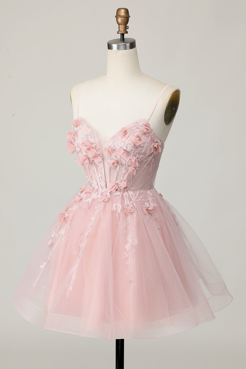 Pink Spaghetti Straps A Line Floral Short Corset Homecoming Dress
