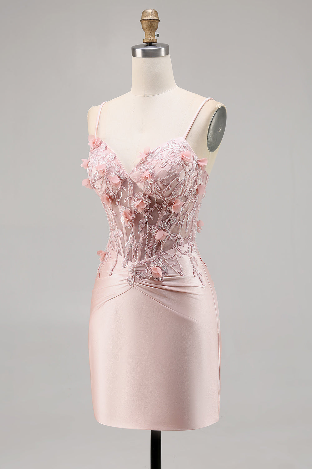 Pink Satin Floral Tight Short Corset Homecoming Dress
