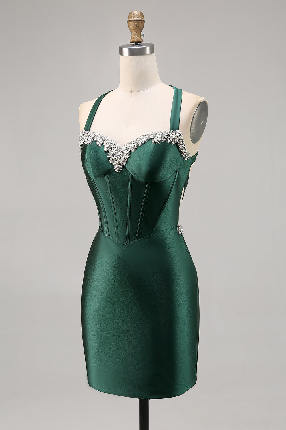 Sparkly Dark Green Satin Short Corset Tight Homecoming Dress with Beading