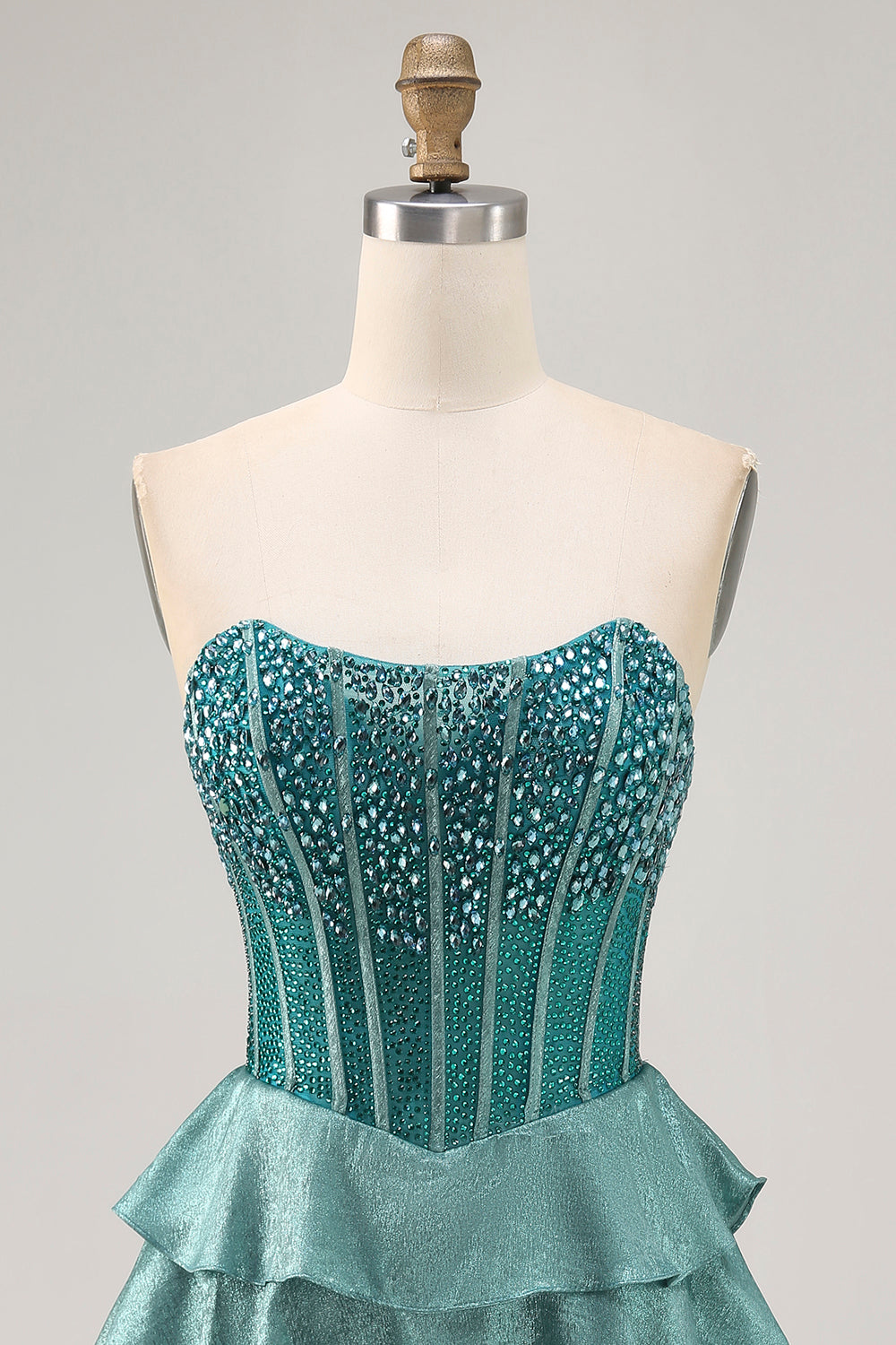 Sparkly Peacock Green Strapless Tiered Short Corset Homecoming Dress