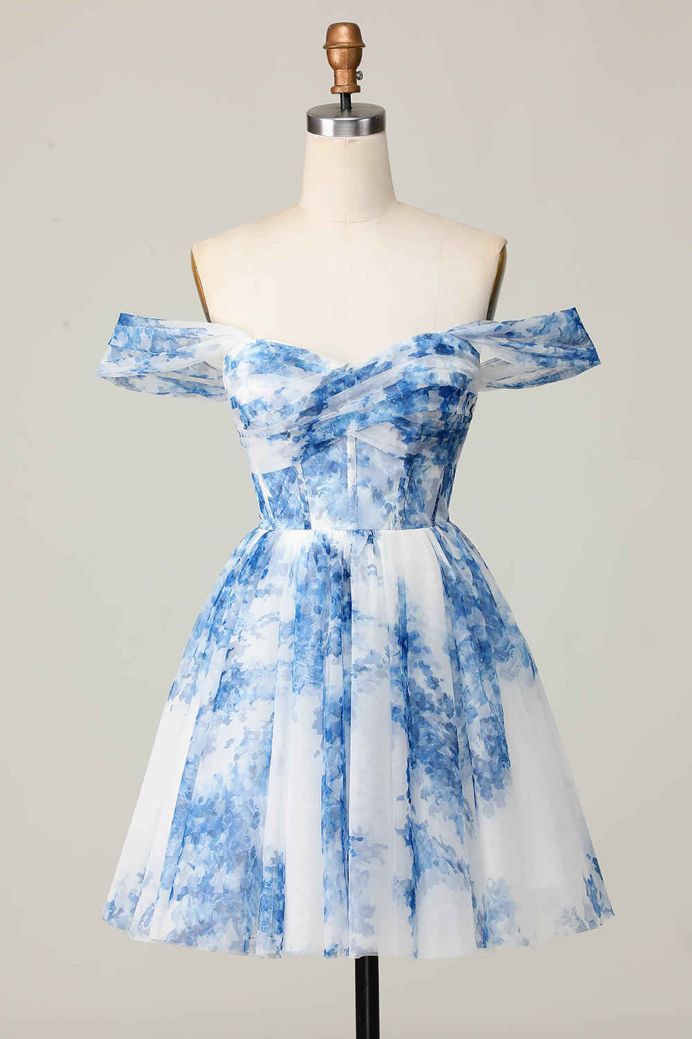 White Blue Flower Off the Shoulder A Line Corset Short Homecoming Dress