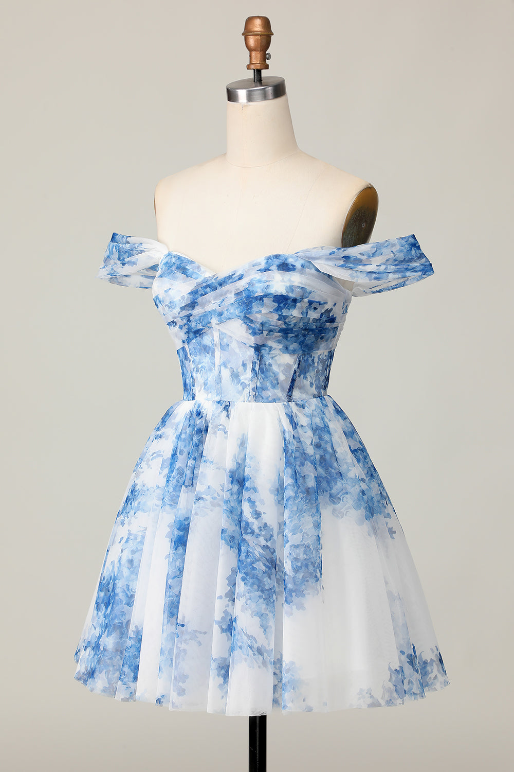 White Blue Flower Off the Shoulder A Line Corset Short Homecoming Dress