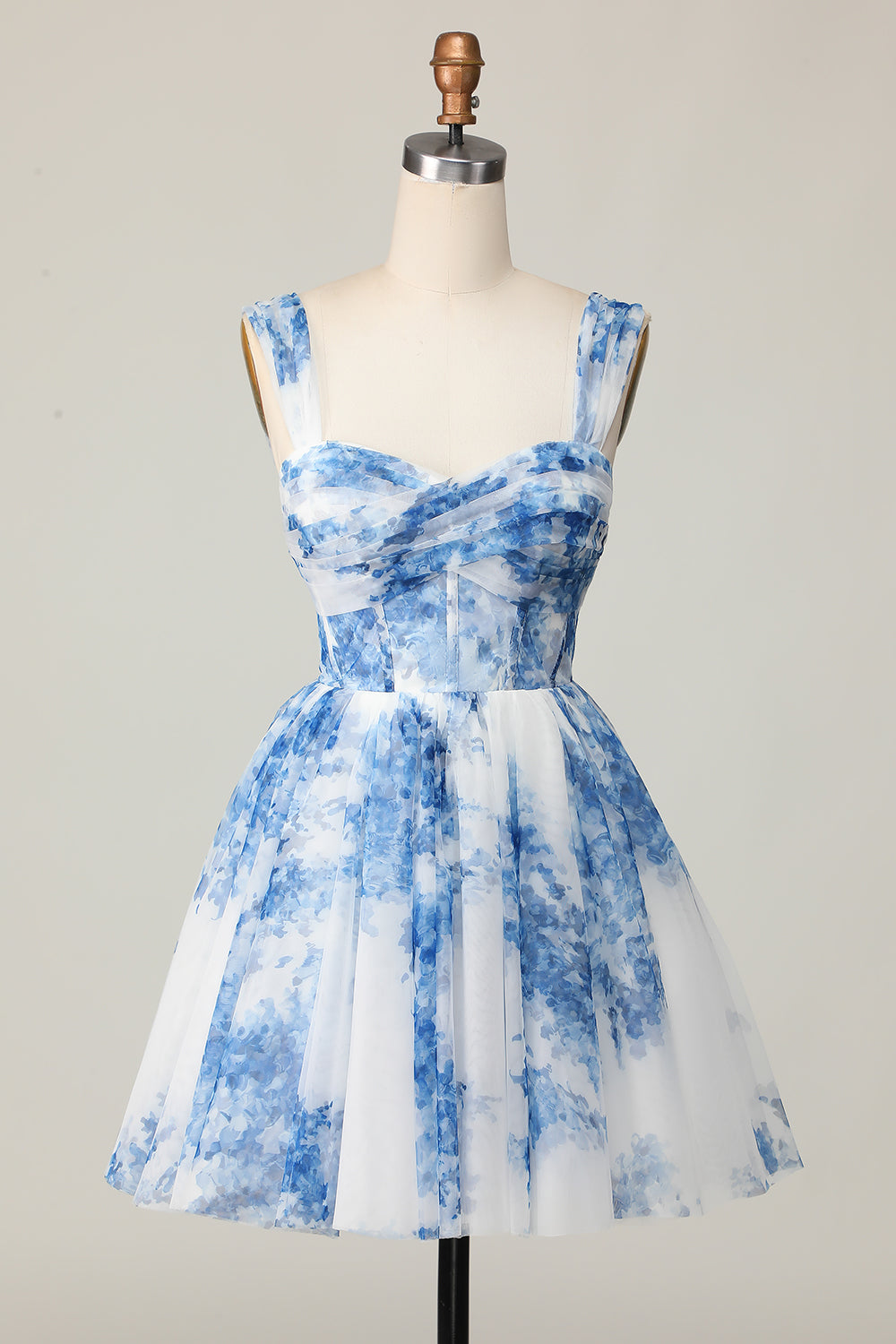 White Blue Flower Off the Shoulder A Line Corset Short Homecoming Dress