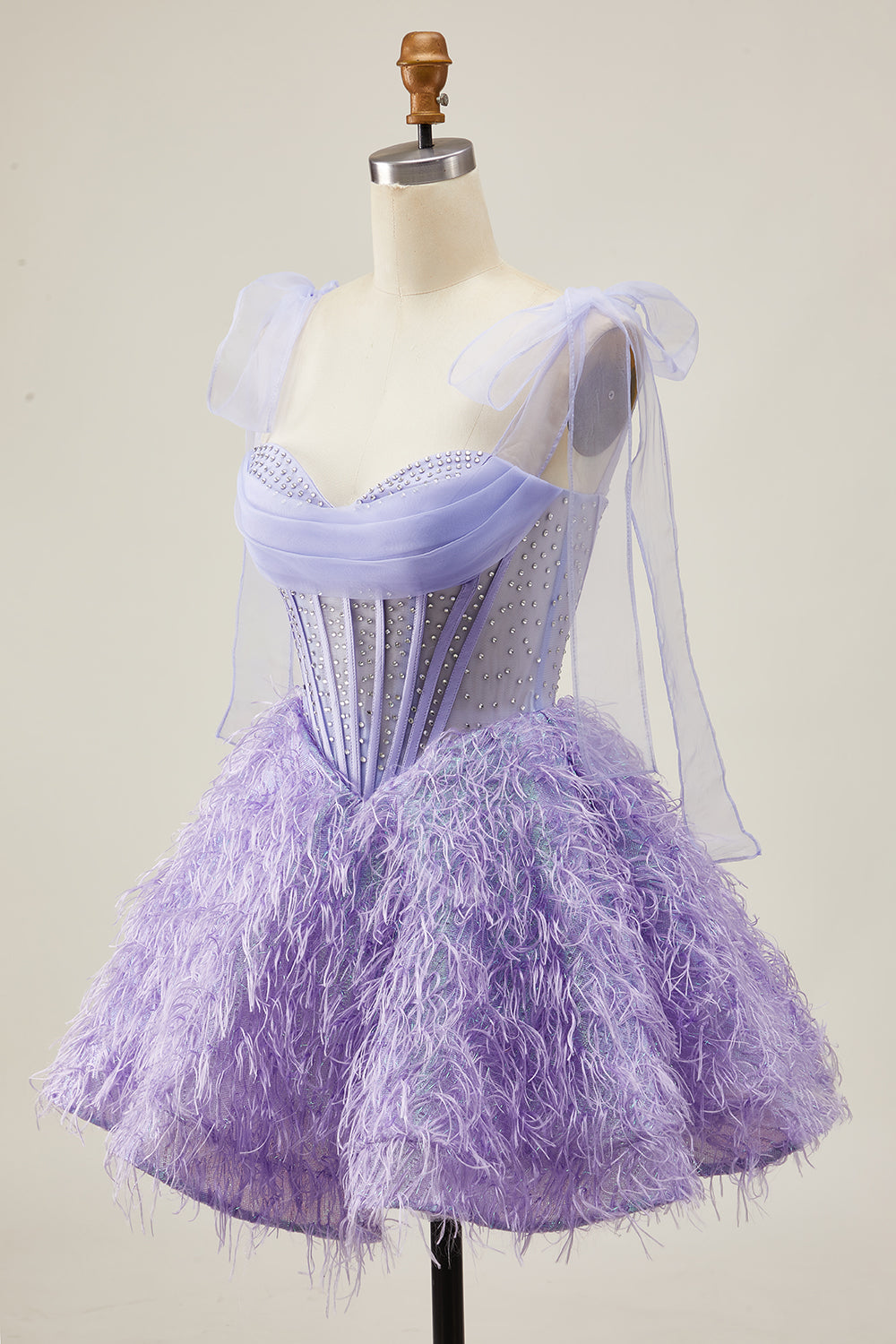 Sparkly Lilac Beaded A Line Corset Short Homecoming Dress with Feathers