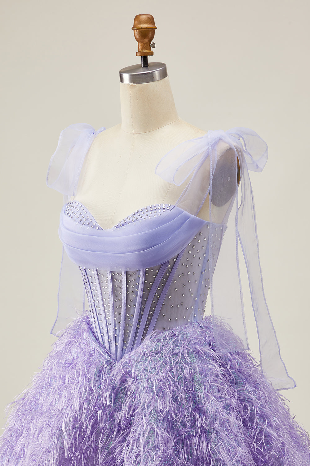 Sparkly Lilac Beaded A Line Corset Short Homecoming Dress with Feathers