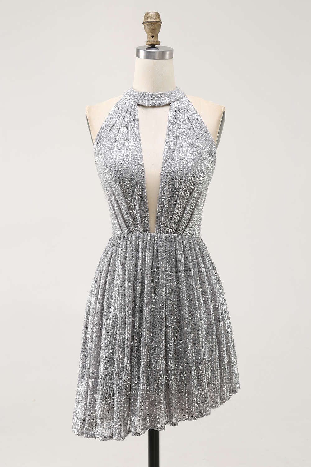 Sparkly Silver Halter Sequin Short Homecoming Dress with Keyhole