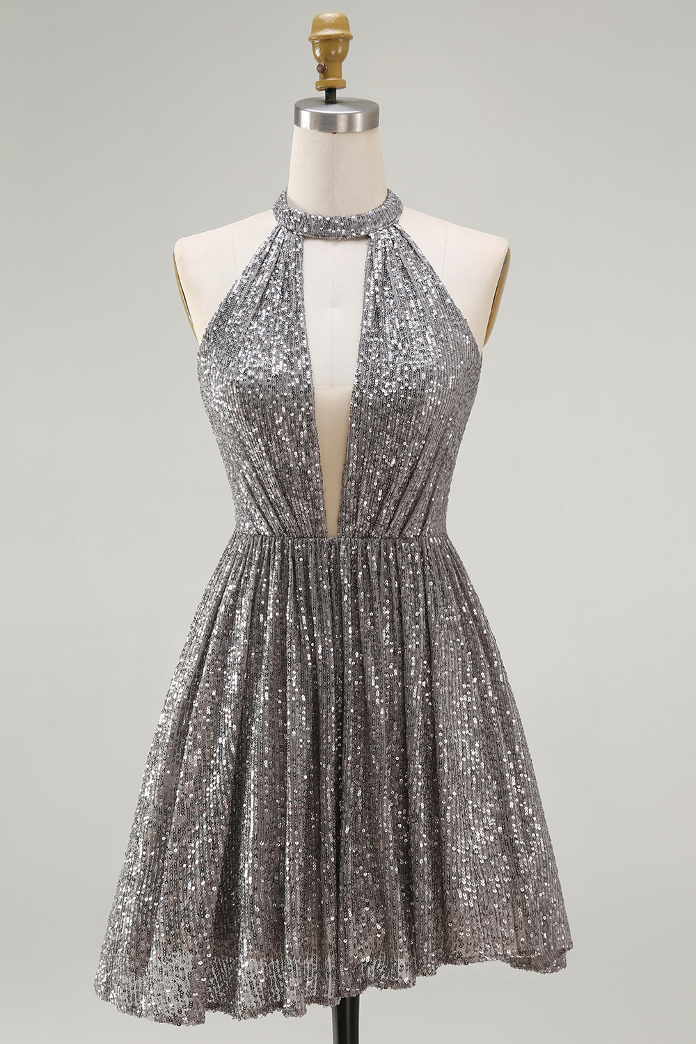 Sparkly Silver Halter Sequin Short Homecoming Dress with Keyhole