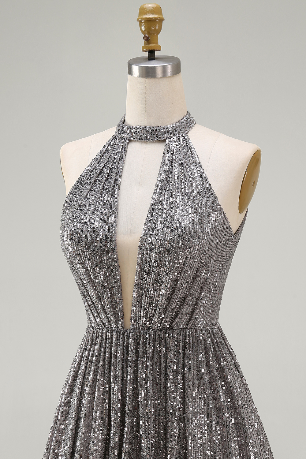 Sparkly Silver Halter Sequin Short Homecoming Dress with Keyhole