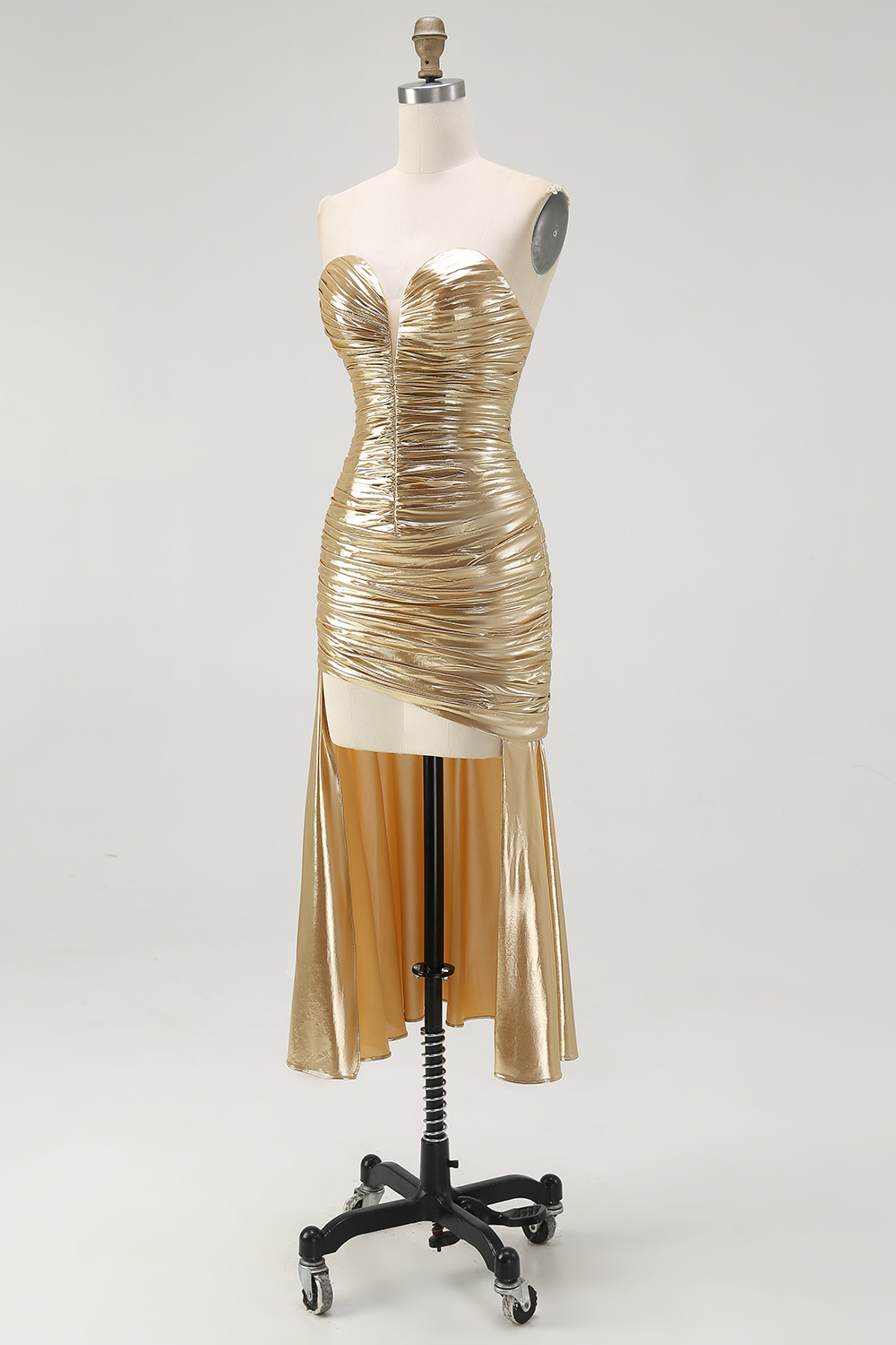 Sparkly Gold Sweetheart Metallic Pleated High-Low Tight Homecoming Dress