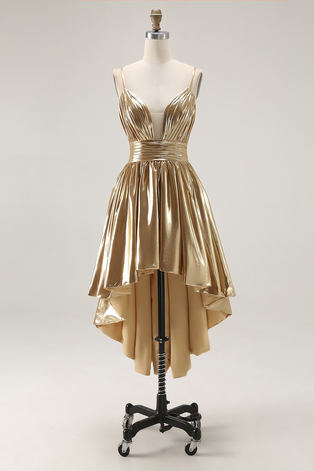 Sparkly Gold Metallic Ruched A Line High-Low Homecoming Dress