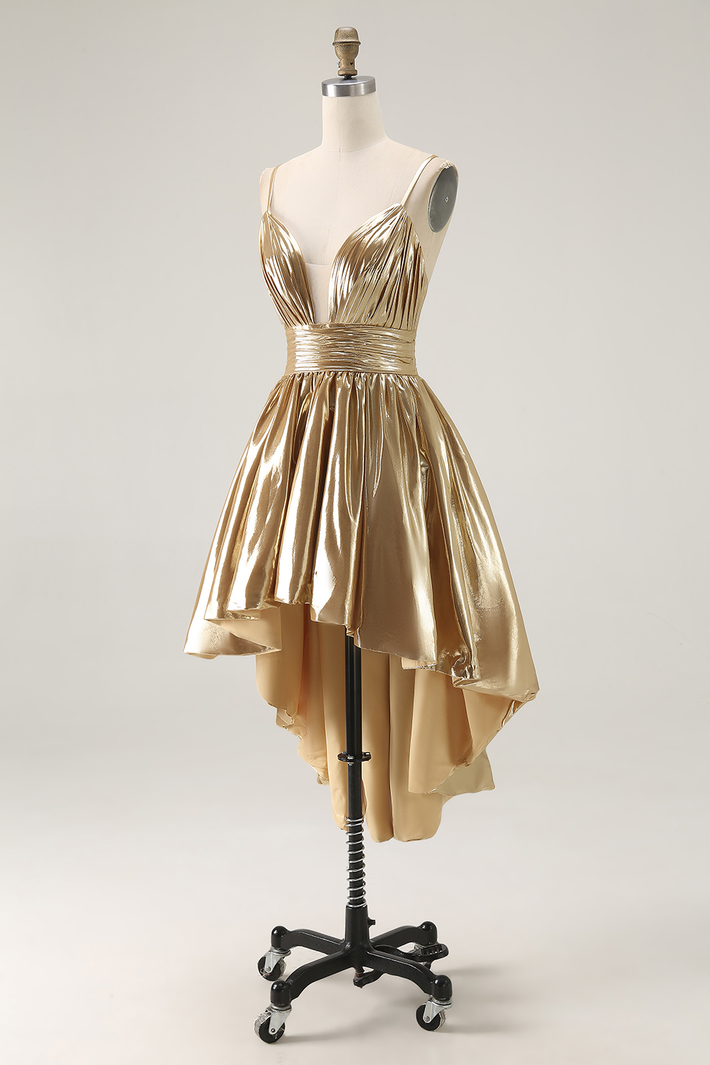 Sparkly Gold Metallic Ruched A Line High-Low Homecoming Dress